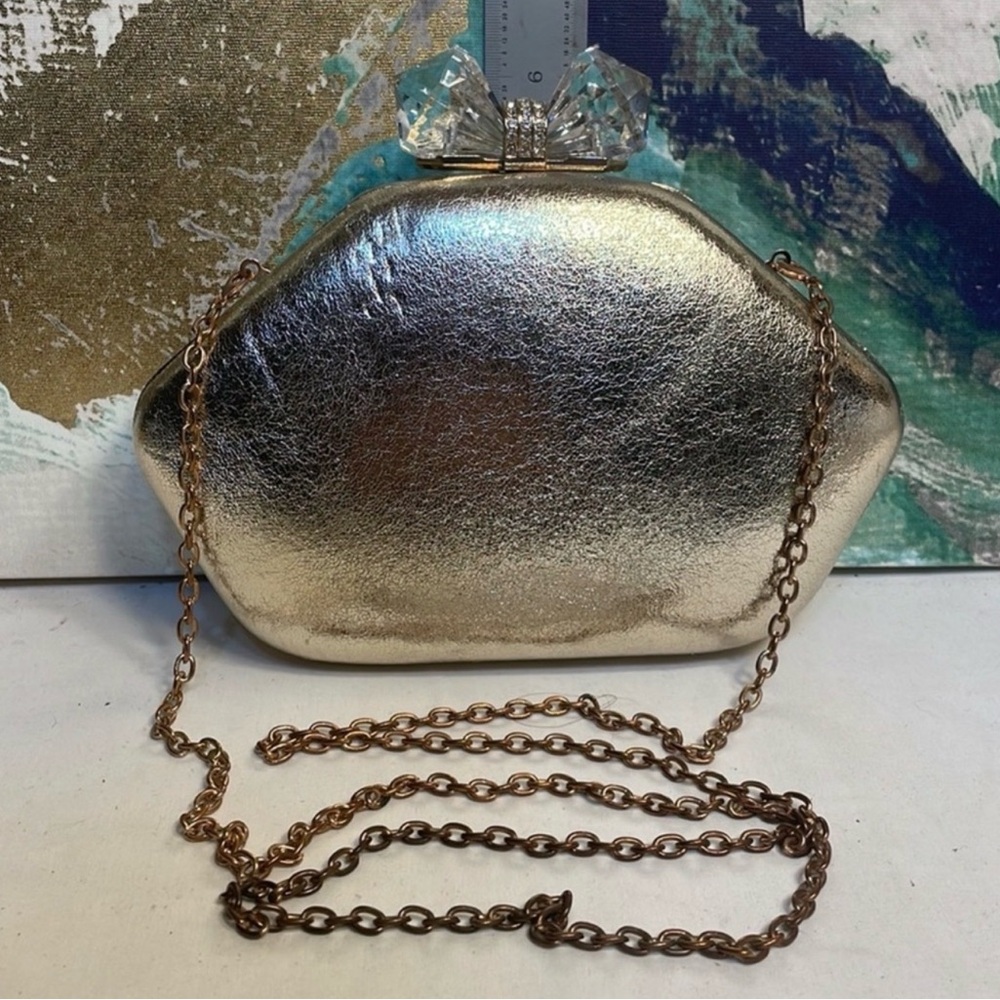 RSVP/Charming Charlie Metallic Gold Clutch with crossbody strap - Picture 5 of 13
